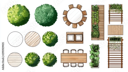 Overhead collection showcasing diverse landscape features such as lush trees comfortable benches and interesting architectural components