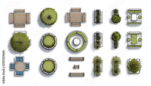 A high angle perspective showcases creatively shaped topiary gardens and expertly planned landscaping arrangements under clear blue skies