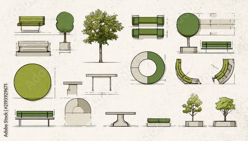 A detailed collection of top view vector illustrations depicting common park elements like trees benches and decorative fountains