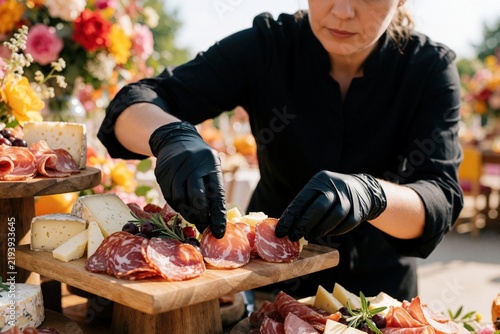 Pro caterer in black gloves arranges charcuterie board with artisan cheese  cured meat. Female chef prepares gourmet food platter for elegant party wedding banquet. Delicious snack display with