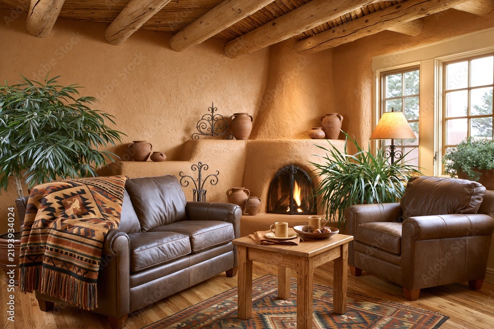 Obraz premium Cozy living room with adobe fireplace and leather