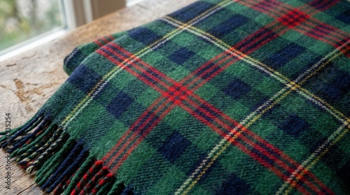 Cozy Green and Red Tartan Plaid Blanket with Fringe Detail.