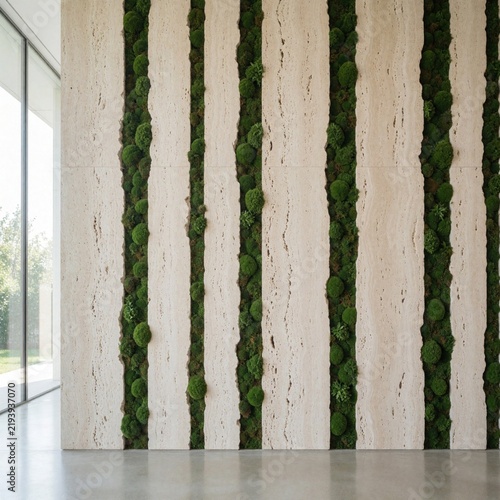 Modern travertine stone wall features vertical green moss strips. Minimalist interior design uses organic textures for sustainable decor. Natural light hits beige limestone surface in luxury home eco