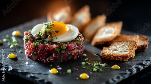 Elegant steak tartare plated with quail egg yolk capers and crispy crostini on a black slate plate fine dining style