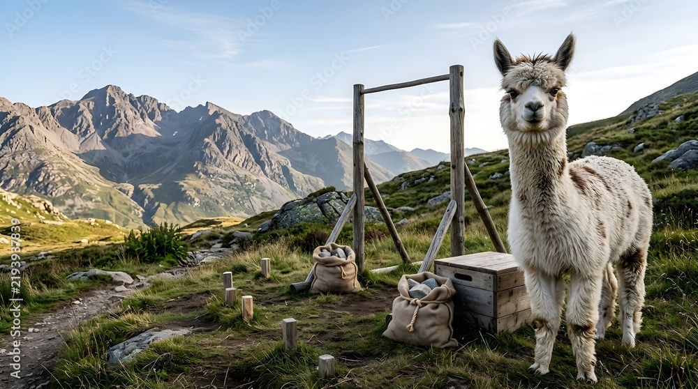 Obraz premium Alpaca Standing on a Mountain Trail with Adventure Gear