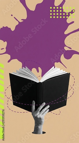 Conceptual collage with hand holding open black book featuring dramatic purple ink splatter graphic background