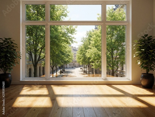Bright sunlit room with large window view of city street lined with green trees. Sunlight streams onto clean wooden floor. Potted plants flank window  adding life to modern interior.