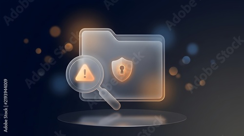 Digital folder with magnifying glass and security shield icon warning symbol data protection and cybersecurity concept