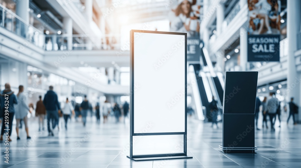 Obraz premium Blank advertising sign stand in busy shopping mall