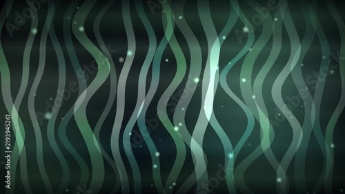 Dark green wavy lines shimmering against a deep background with subtle glowing particles