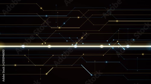 Abstract technological looping background featuring glowing circuit lines and moving nodes on a dark canvas.