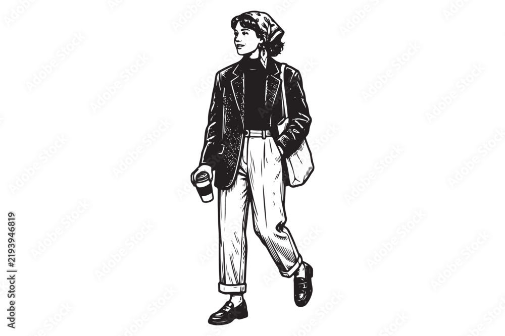 Fototapeta premium Ink sketch of a stylish woman walking while holding a take away coffee cup