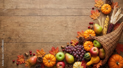 Woven cornucopia filled with autumn harvest produce and fall leaves on a rustic brown wood table background