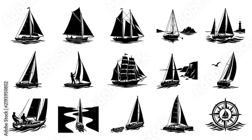 Black  White Vector Art of Sailboats and Nautical Elements