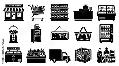 Retail and Supermarket Store Glyph Icons Set. Black  White Shopping Elements and Grocery Products Vector.