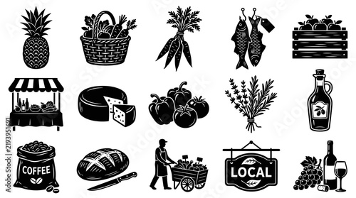 Black  White Glyph Icons Set: Fresh Food Market, Local Produce, Agriculture  Grocery Elements