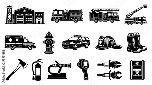 Firefighter  Emergency Rescue Icons Set. Black  White Glyph Vector Silhouettes of Trucks, Tools  Station