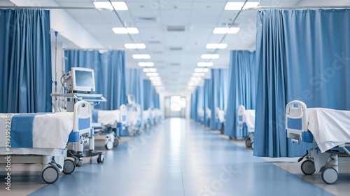 Empty hospital ward with beds and blue curtains