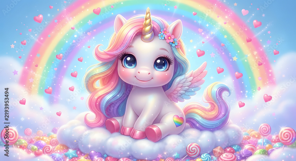 Obraz premium Cute 3D Chibi alicorn sitting on fluffy cloud in candyland with rainbow arch, golden spiral horn and rainbow heart tattoo background, stock photo