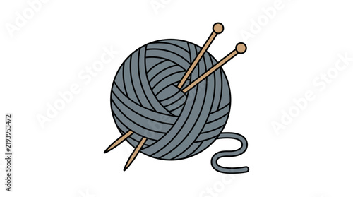 Minimalist vector illustration of a ball of gray yarn with two wooden knitting needles inserted, clean line art style icon for handicraft, DIY, and handmade wool textile projects.