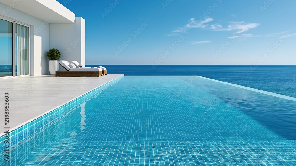 Fototapeta premium Modern infinity pool overlooking calm blue ocean horizon