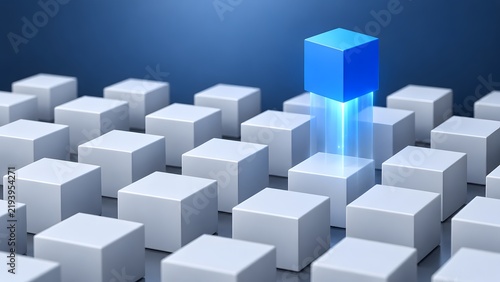 Business leadership and technology infrastructure concept featuring a glowing blue block elevated above a grid of grey blocks