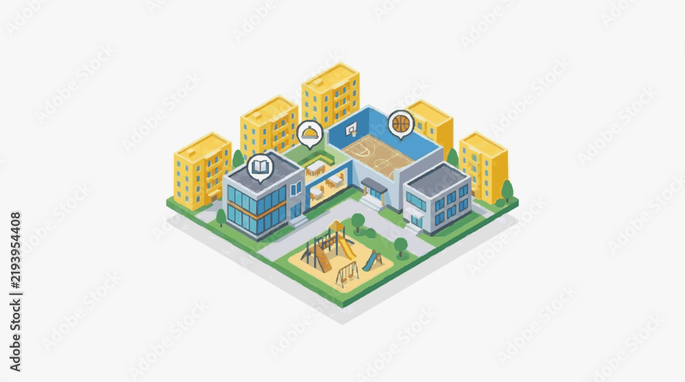 Obraz premium Corporate Isometric of Modern School Complex with Playground Sports Court and Residential Buildings
