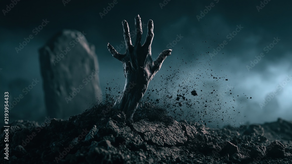 Obraz premium Grim reaper hand emerging from dark grave soil