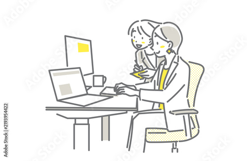 新入社員に仕事を教えるビジネスウーマン　シンプルでお洒落な線画イラスト