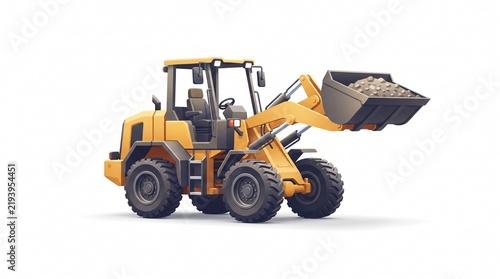 Industrial yellow front end loader with gravel in shovel bucket heavy duty construction machinery equipment for building site isolated on white