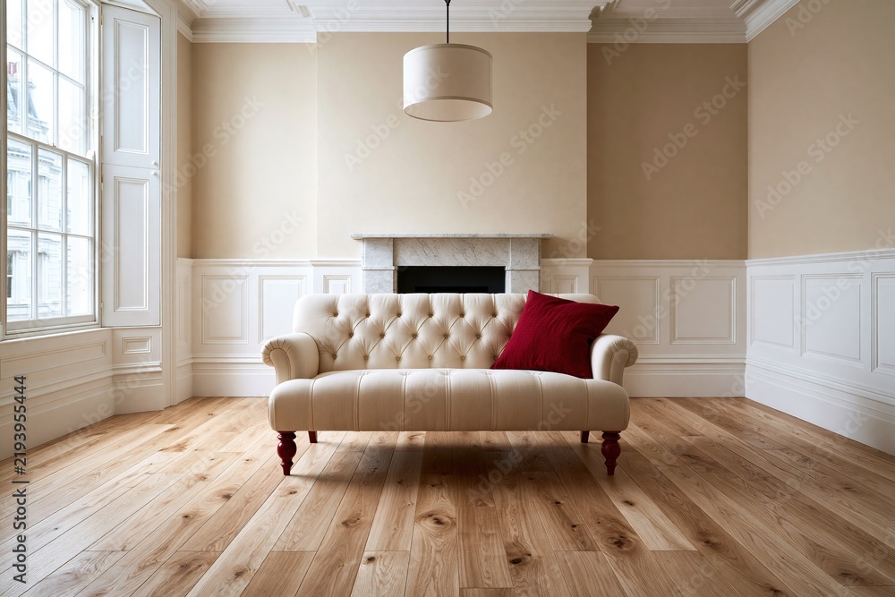 Obraz premium Cream tufted sofa with red pillow in elegant