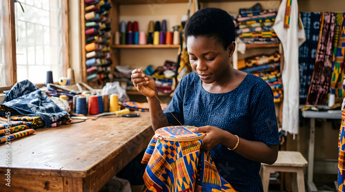African female artisan carefully embroidering colorful patterned fabric using a wooden hoop in her workshop