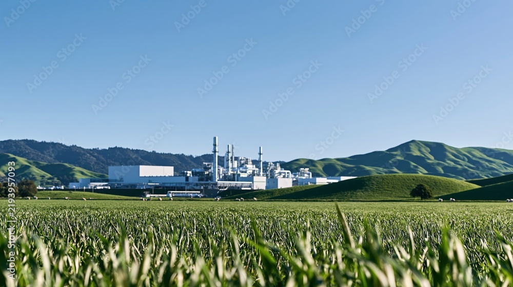 Obraz premium Green cornfield foreground with industrial plant and hills