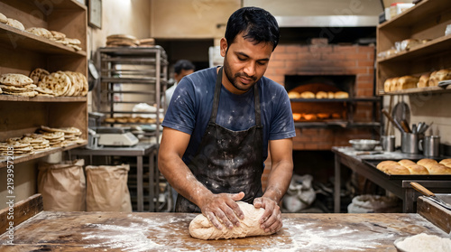 Asian baker kneading fresh bread dough on a wooden table in traditional bakery