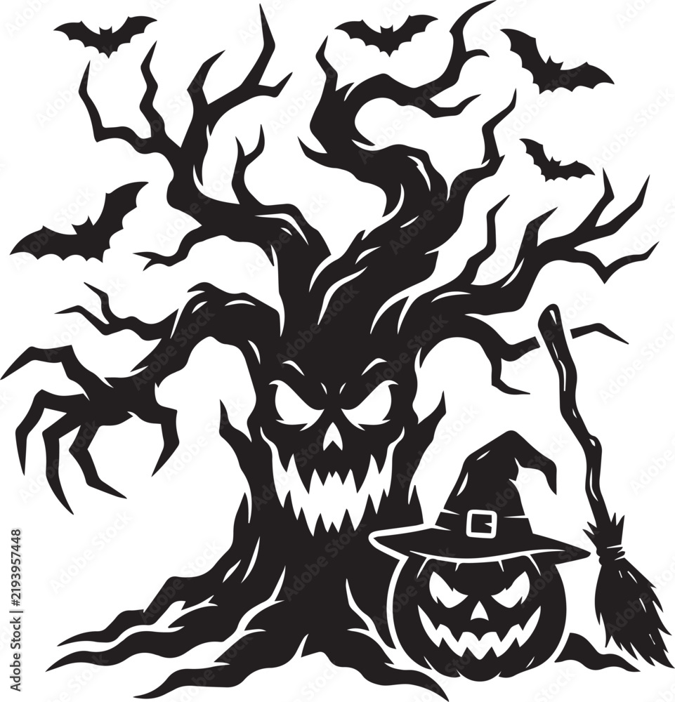 Fototapeta premium halloweenSpooky haunted tree with scary face and jack o lantern