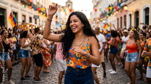 Latina woman dancing joyful street festival with people celebrating traditional culture outdoor