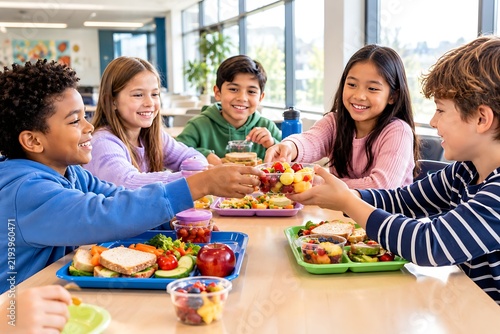 Five smiling children share fruit during lunchtime in a bright school cafeteria setting adolescent apple assistance childhood classmates collaboration community