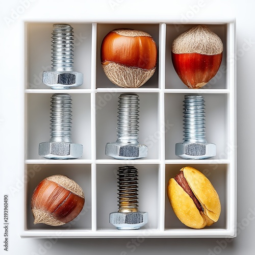 Nuts and Bolts in a White Box Detailed Close Up