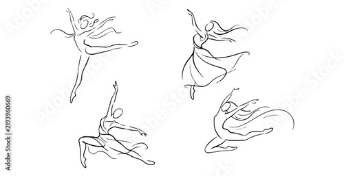 Four ballet dancers in dynamic mid air poses illustrated in line art