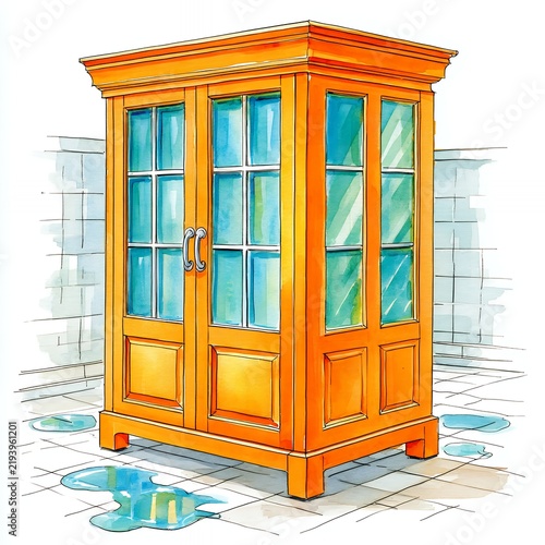 Orange Wooden Display Cabinet on Wet Stone Floor Watercolor Painting