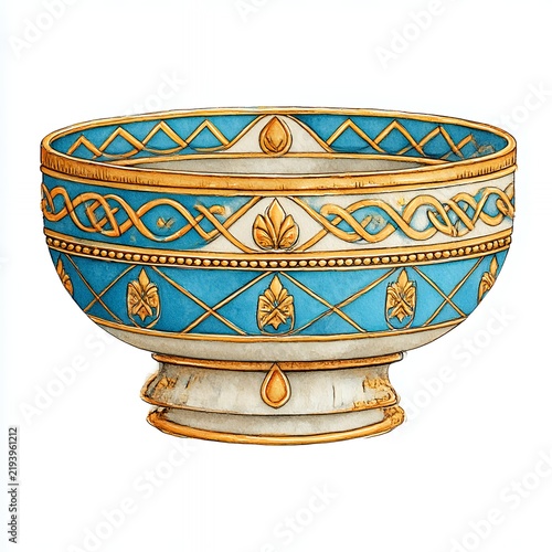 Ornate Blue and Gold Ceremonial Bowl with Intricate Geometric Patterns
