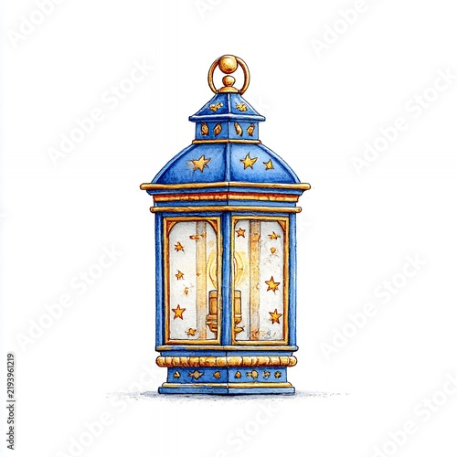Ornate Blue and Gold Star Lantern Watercolor Illustration