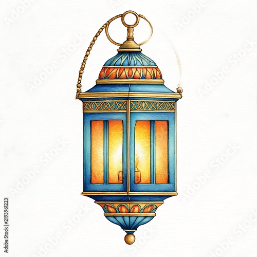 Ornate Blue and Gold Hanging Lantern with Candlelight