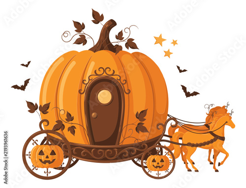 Pumpkin carriage with horse during Halloween night with bats and stars vector illustration
