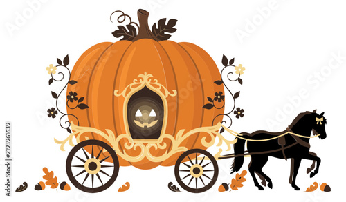 Pumpkin carriage with horse during autumn for fairytale transport concept vector illustration