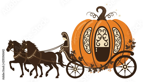 Pumpkin carriage with horses during a magical journey with ornate details vector illustration