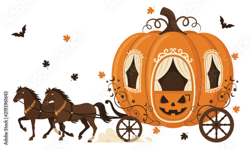 Pumpkin carriage with horses during autumn night with bats and leaves Vector Illustration