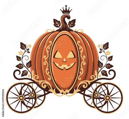 Pumpkin carriage with jack o lantern face and crown during Halloween with ornate details in vector illustration