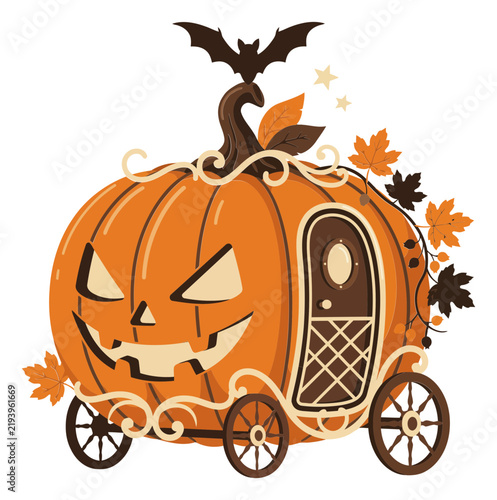 Scary Jack-o'-lantern pumpkin carriage with bat and autumn leaves vector illustration