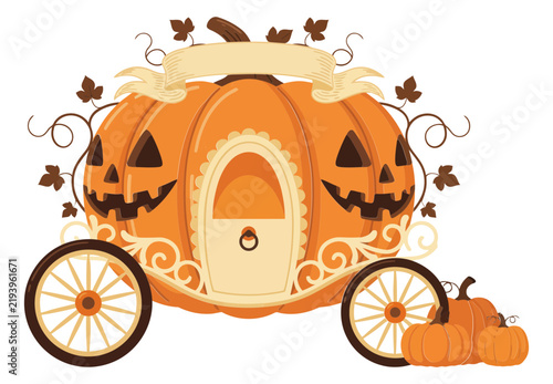 Pumpkin carriage with wheels and vines during autumn against white background vector illustration